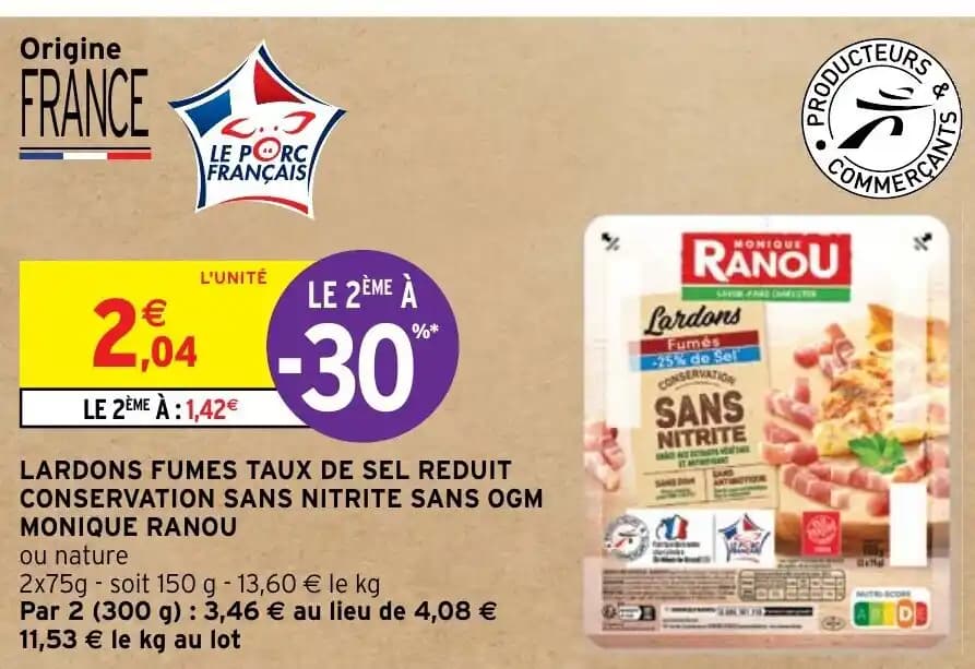 LARDONS FUMES TAUX DE SEL REDUIT CONSERVATION SANS NITRITE SANS OGM MONIQUE RANOU