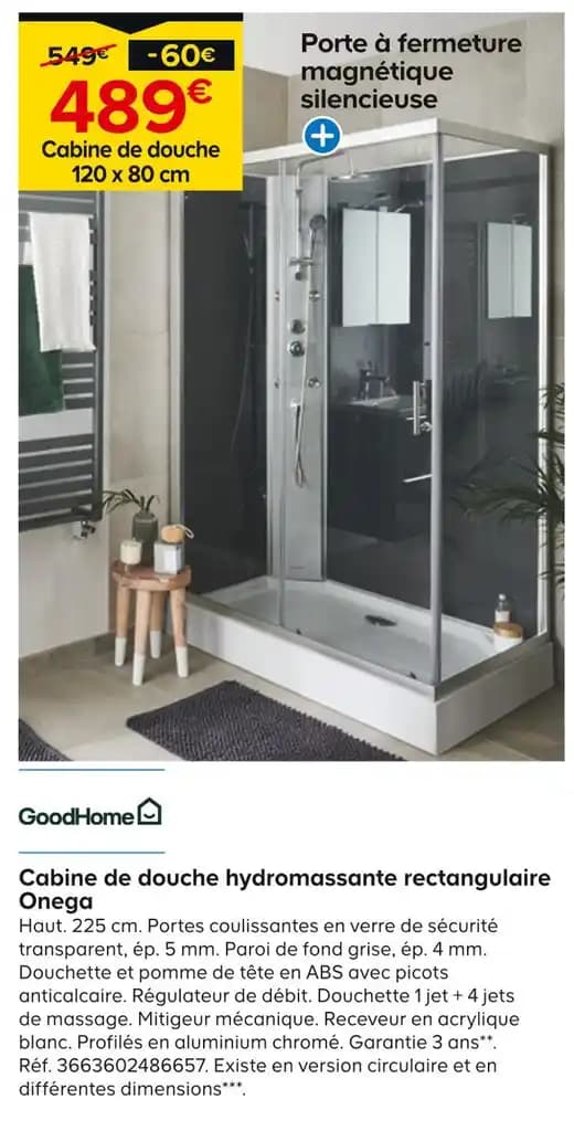 GoodHome Cabine de douche hydromassante rectangulaire Onega