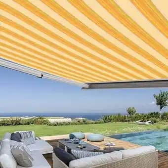 Store banne coffre intégral 3 x 2,5 m motorisé et manuel extérieur pour terrasse - Jaune rayé