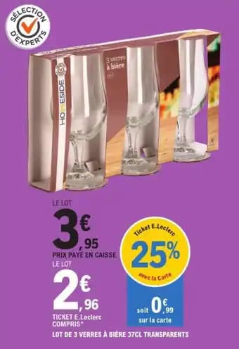 LOT DE 3 VERRES À BIÈRE 37CL TRANSPARENTS