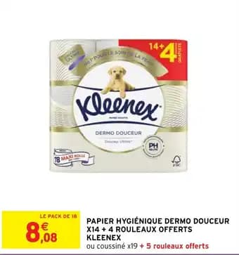 PAPIER HYGIÉNIQUE DERMO DOUCEUR X14 + 4 ROULEAUX OFFERTS KLEENEX