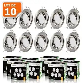LOT DE 10 SPOT LED ENCASTRABLE ORIENTABLE ALU BROSSE AVEC AMPOULE GU10 230V eq. 50W, BLANC CHAUD