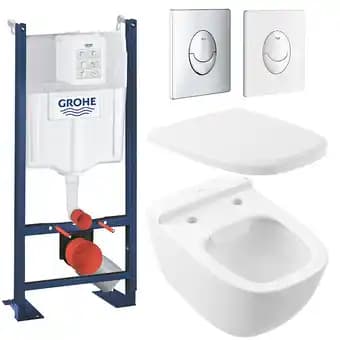 Pack WC suspendu sans bride VILLEROY ET BOCH Antheus DirectFlush avec abattant + bâti support GROHE Rapid SL et plaque chromé