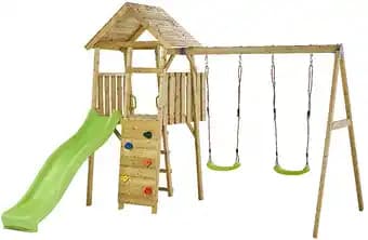 Aire de jeux bois WOODI - 2 balançoires, toboggan, escalade, cabane