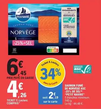 SAUMON FUMÉ DE NORVÈGE ASC -25% DE SEL(4) "PETIT NAVIRE"