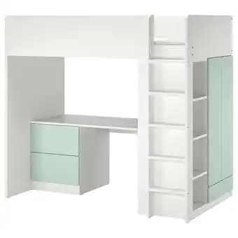 SmÅstad Lit mezzanine, blanc vert clair/avec bureau avec 3 tiroirs, 90x200 cm
