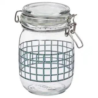 Korken Bocal avec couvercle, verre transparent/motif carreaux bleu gris, 1 l