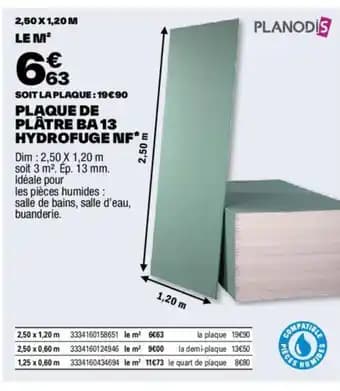 PLAQUE DE PLÂTRE BA 13 HYDROFUGE NF*