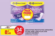 SERVIETTES POUR FUITES URINAIRES EXTRA SÛRE LONG PLUS 2X16 ALWAYS DISCREET