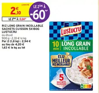 RIZ LONG GRAIN INCOLLABLE SACHETS CUISSON 5X180G LUSTUCRU