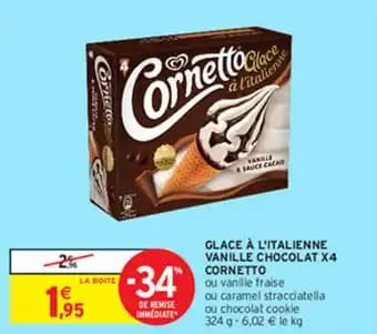 GLACE À L'ITALIENNE VANILLE CHOCOLAT X4 CORNETTO