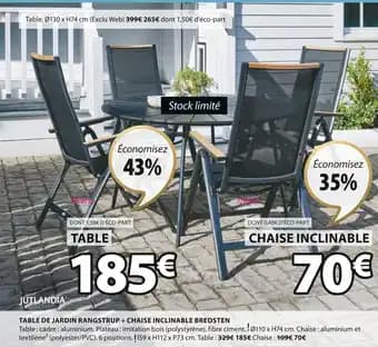 JUTLANDIA TABLE DE JARDIN RANGSTRUP + CHAISE INCLINABLE BREDSTEN