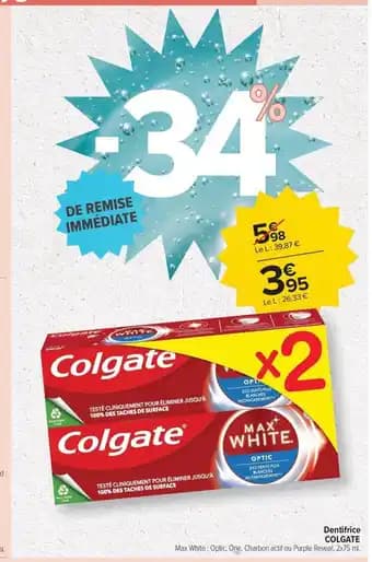 Promotion Exclusives de 18
            
        
        Colgate : Découvrez l'Offre incontournable