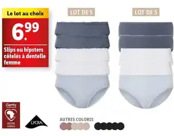 Slips ou hipsters côtelés à dentelle femme