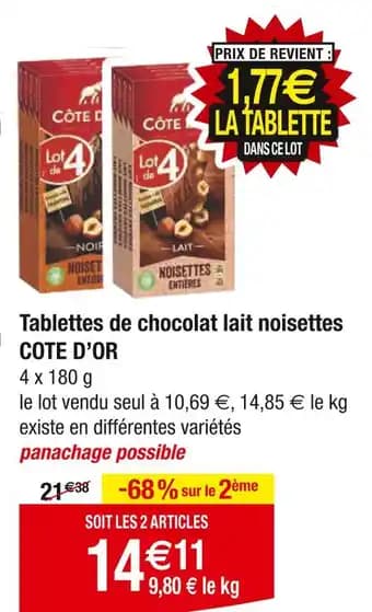 COTE D’OR Tablettes de chocolat lait noisettes