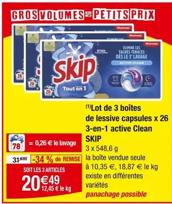 SKIP Lot de 3 boîtes de lessive capsules x 26 3-en-1 active clean