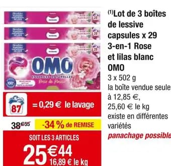 OMO Lot de 3 boîtes de lessive capsules x 29 3-en-1 Rose et lilas blanc