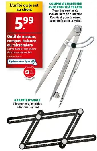 Outil de mesure, compas, balance ou micromètre