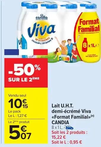 CANDIA Lait U.H.T. demi-écrémé Viva Format Familial 8 x 1 l