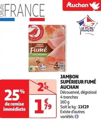 Auchan jambon supérieur fumé 160 g