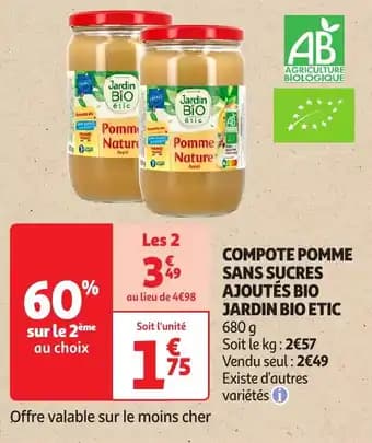 Jardin bio etic compote pomme sans sucres ajoutés bio 680 g