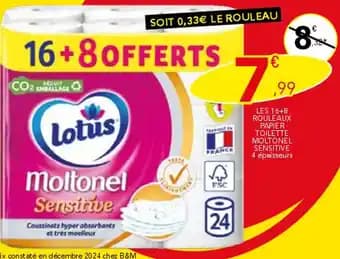 LOTUS Les 16+8 rouleaux papier toilette moltonel sensitive
