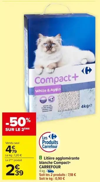 CARREFOUR Litière agglomérante blanche Compact+ 4 kg