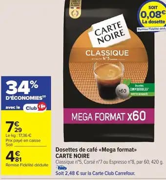 Carte noire dosettes de café mega format 420 g
