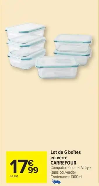 CARREFOUR Lot de 6 boîtes en verre 1000 ml