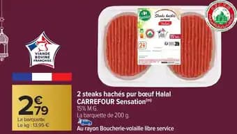 CARREFOUR 2 steaks hachés pur boeuf Halal Sensation 200 g