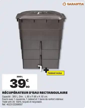 Récupérateur d'eau rectangulaire 80 x 66 x 92 cm