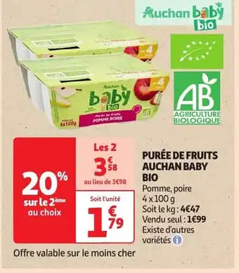 BIO Purée de fruits auchan baby 4 x 100 g
