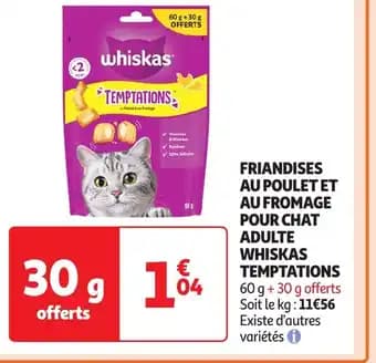 Friandises au poulet et au fromage pour chat adulte whiskas temptations 60 g