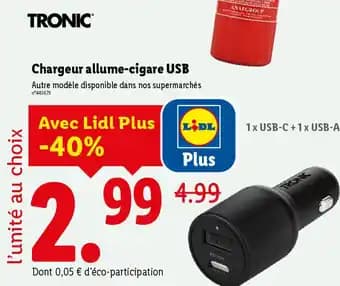 TRONIC Chargeur allume-cigare USB