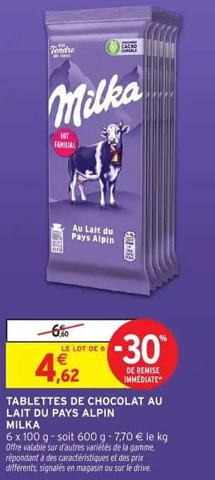 Tablettes de chocolat au lait du pays alpin milka 600 g