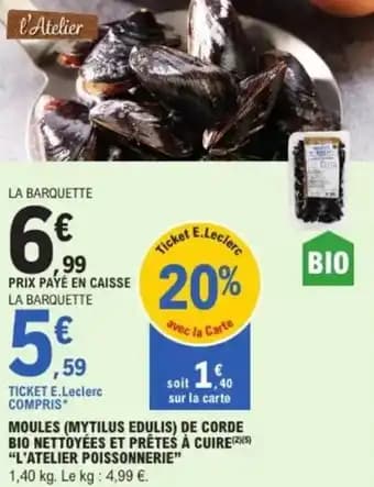Moules mytilus edulis de corde bio nettoyées et prêtes à cuire l'atelier poissonnerie 1.40 kg