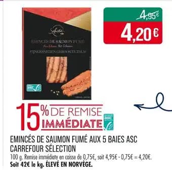 Carrefour Sélection Émincés de saumon fumé aux 5 baies ASC