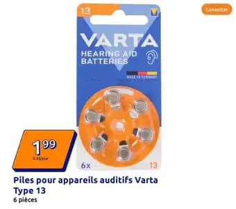 Piles pour appareils auditifs Varta Type 13