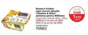 Dessert fruitier sans sucres ajoutés Charles & Alice pommes poires Williams 100 g