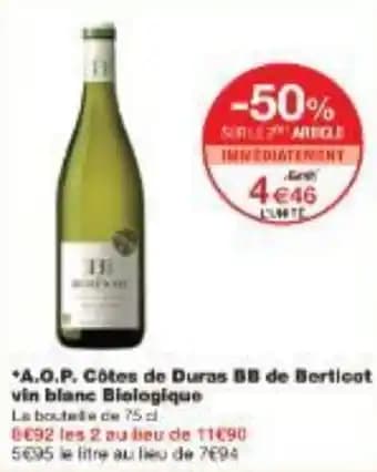 A.O.P. Côtes de Duras BB de Berticot vin blanc Biologique 75 cl