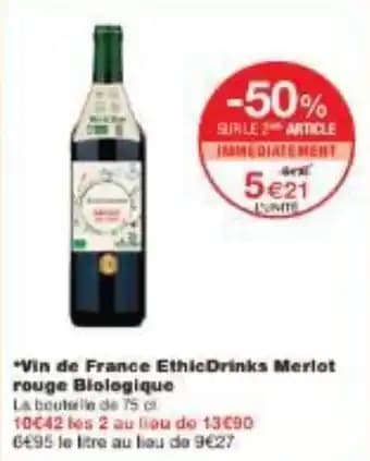 Vin de France EthicDrinks Merlot rouge Biologique 75 cl