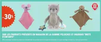 Sur les produits présents en magasin de la gamme peluches et doudous mots d'enfants