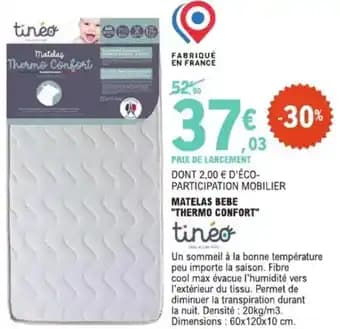 Matelas bebe thermo confort 60 x 120 x 10 cm