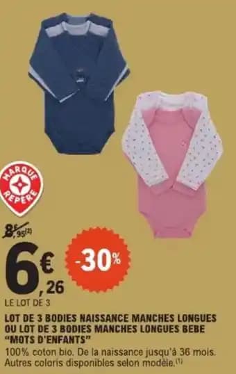 Lot de 3 bodies naissance manches longues ou lot de 3 bodies manches longues bebe mots d'enfants