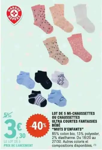 Lot de 5 mi-chaussettes ou chaussettes ultra courtes fantaisies bébé mots d'enfants