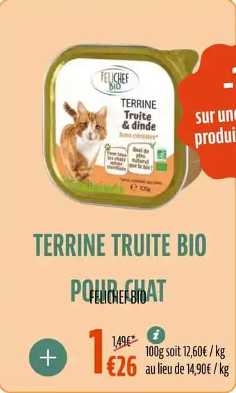Terrine truite bio pour chat felichef bio 100 g
