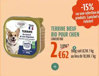 Terrine bœuf bio pour chien canichef bio 300 g