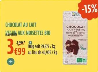 Chocolat au lait vegan aux noisettes bio 100 g