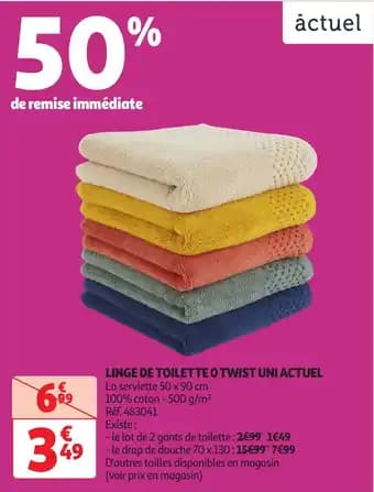 Linge de toilette o twist uni actuel 50 x 90 cm