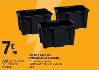 Lot de 3 bacs 30 l empilables et gerbable 45 x 33 x 26 cm